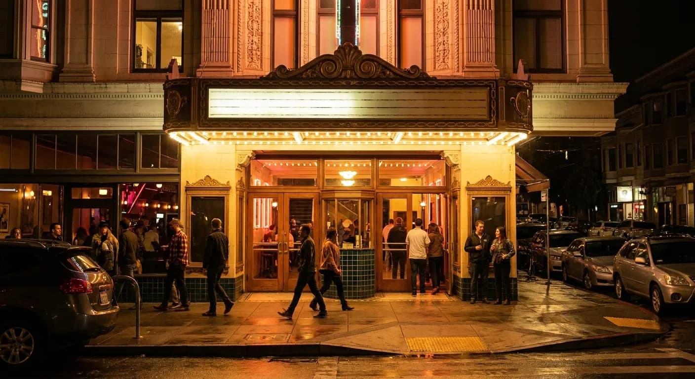 Divisadero Street at night with the Emporium Arcade Bar entrance lit up, showing the historic Harding Theater facade