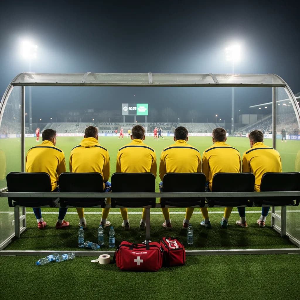 Substitute players in yellow tracksuits watch from the bench during a World Cup night match