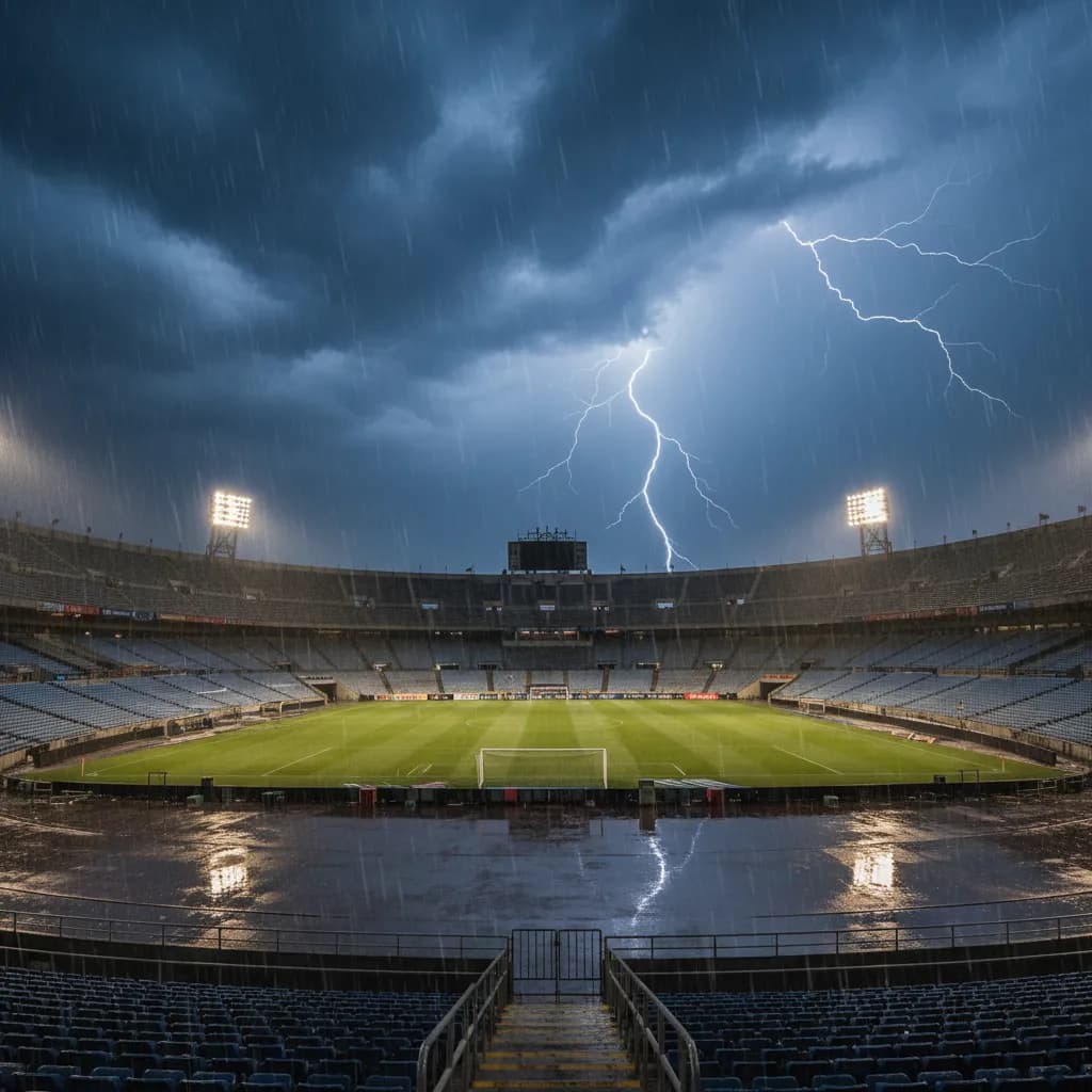 Estadio Azteca in Mexico City under dark thunderstorm clouds with lightning and rain