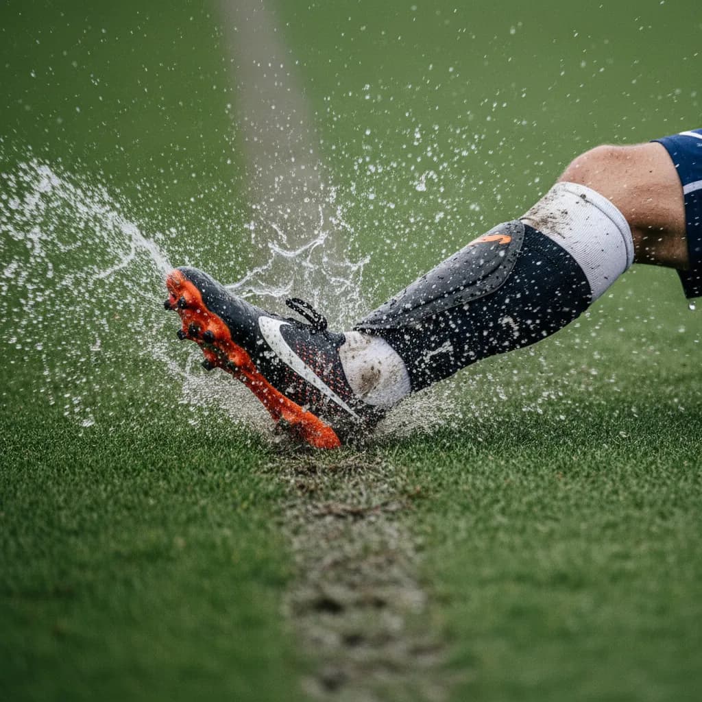 A red card lies on wet grass next to a referee whistle as rain splashes on the pitch