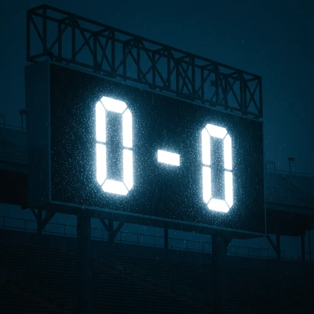 Scoreboard showing 0-0 with rain droplets on glass
