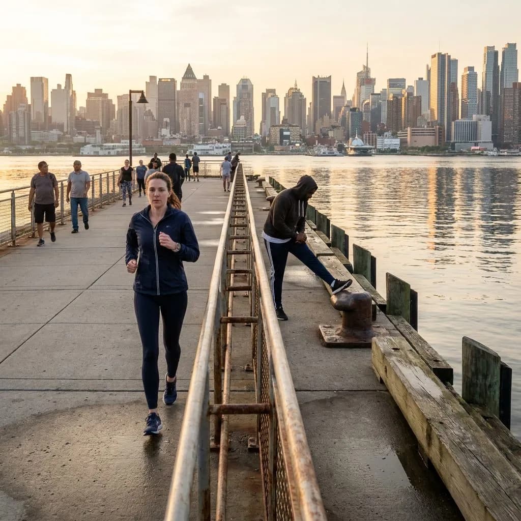 England's Three Lions in New Jersey: The Team Hotel Corridor from Weehawken to Hoboken — Wide morning view from Weehawken's Lincoln Harbor pier looking south toward Hobo