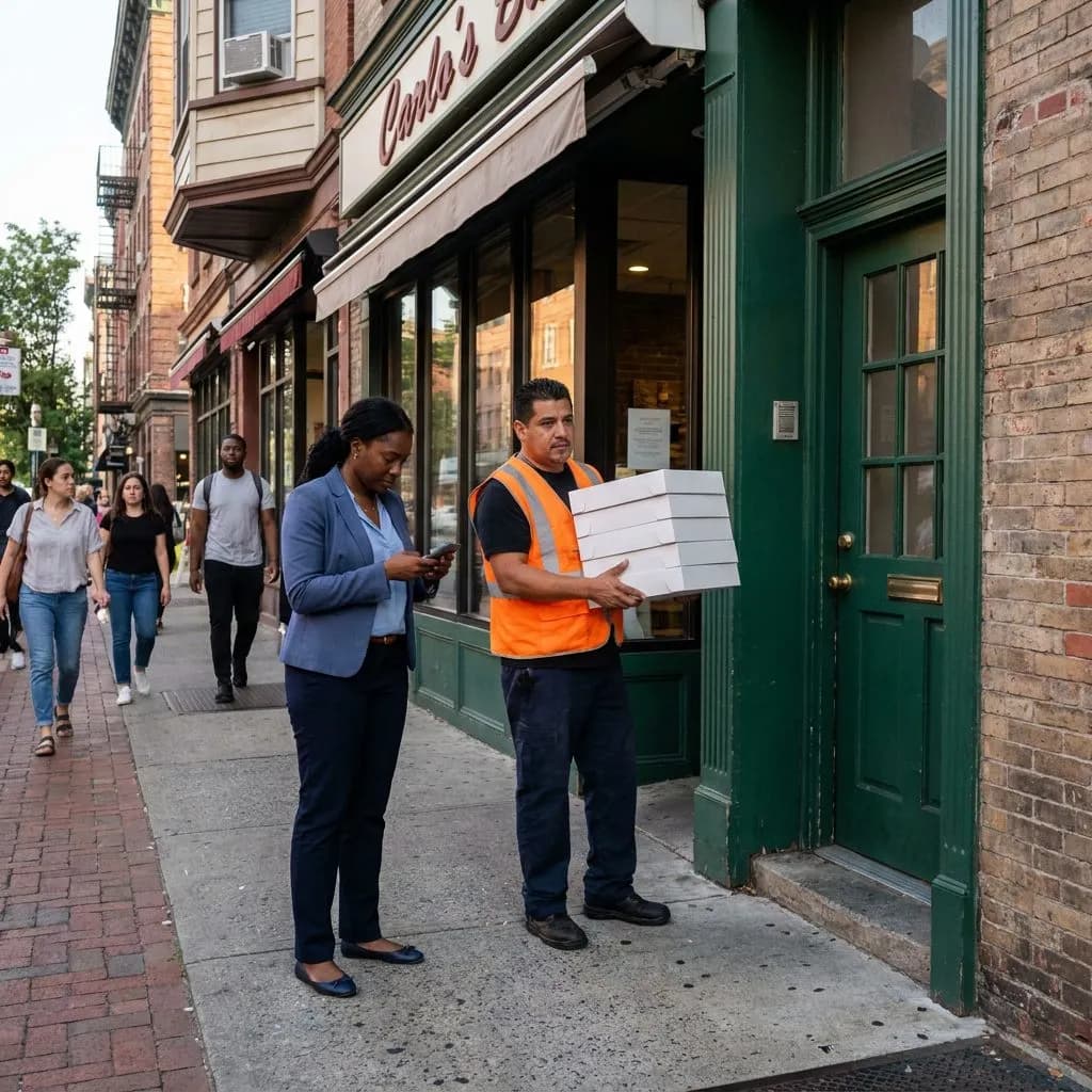 England's Three Lions in New Jersey: The Team Hotel Corridor from Weehawken to Hoboken — Close moment outside Carlo's Bakery on Washington Street in Hoboken, mid-afterno