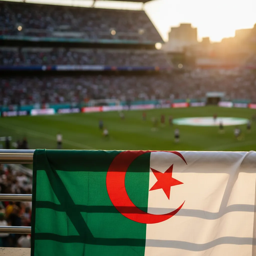 Algerian flag draped over a stadium railing in Philadelphia during the 2026 World Cup