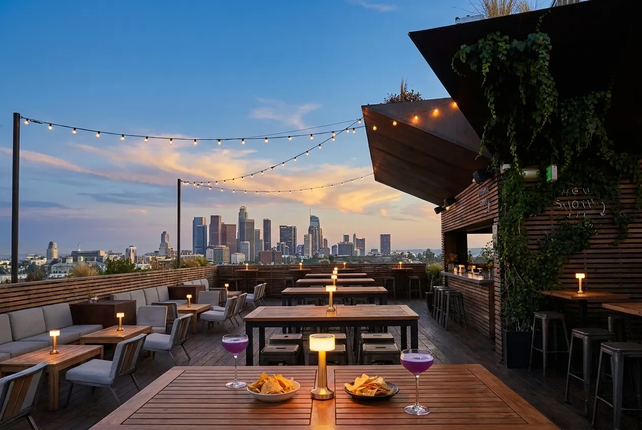 Open-air rooftop bar with tables and string lights at dusk in West Hollywood