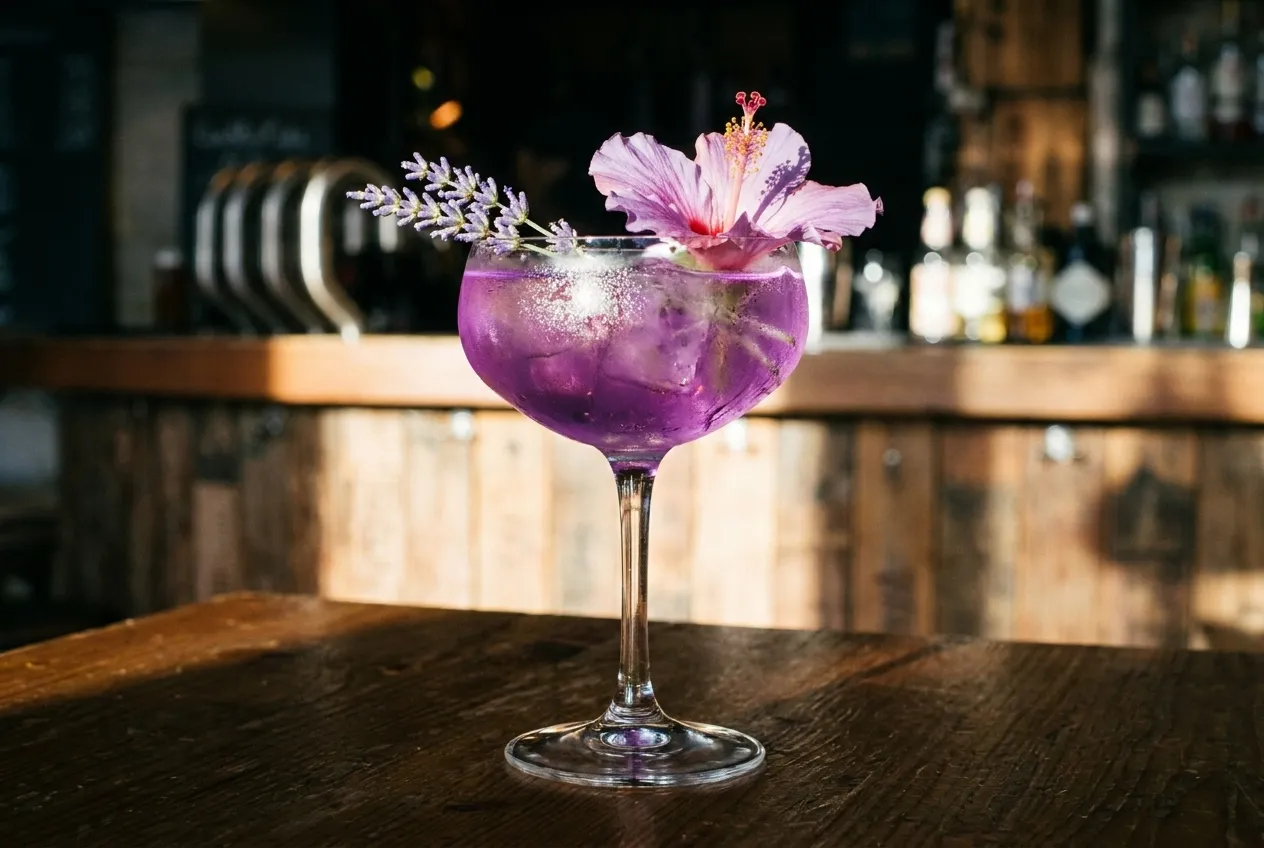 Close-up of a purple cocktail garnished with lavender and hibiscus on a bar