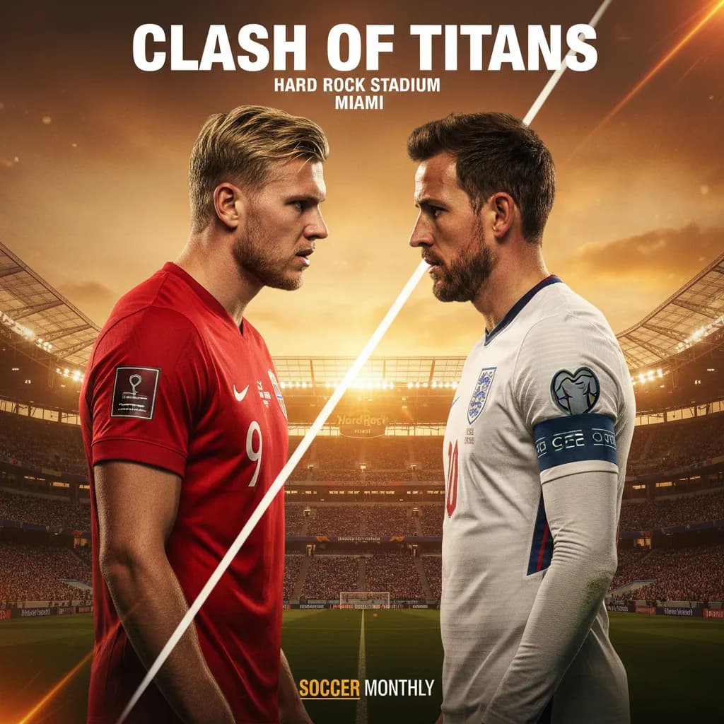 Split image of Haaland and Kane facing off before World Cup 2026 quarterfinal in Miami