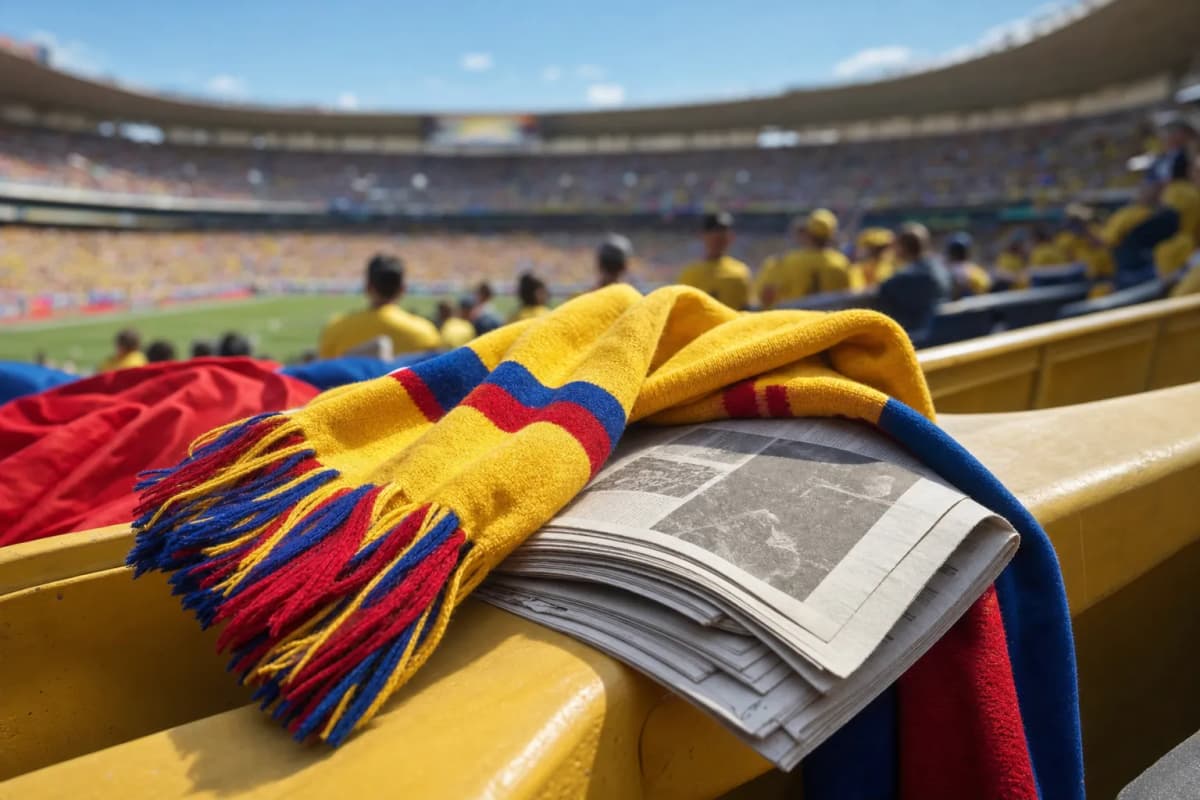 Bright realistic stadium-seat image with Colombia-colored scarf for Andrés Escobar World Cup explainer