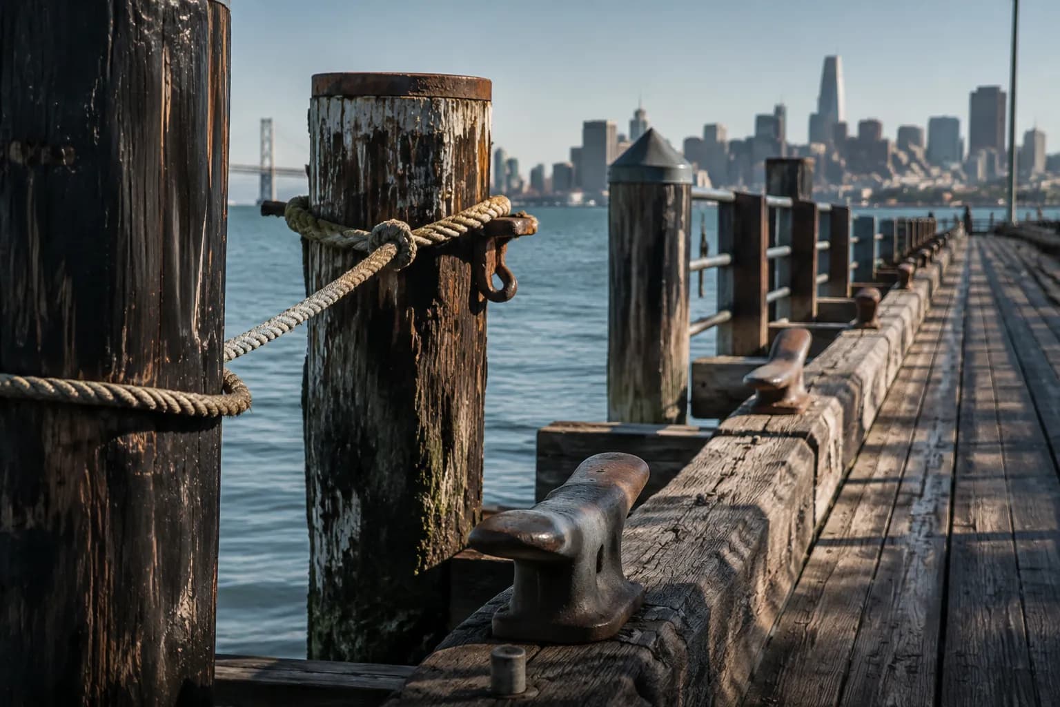 Weathered pier pilings and mooring lines at Sausalito ferry terminal with San Francisco skyline across the bay