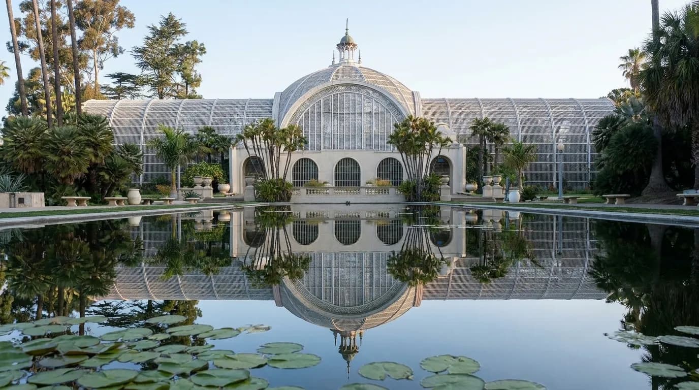 The Botanical Building and lily pond at Balboa Park in San Diego, a free public space near the zoo