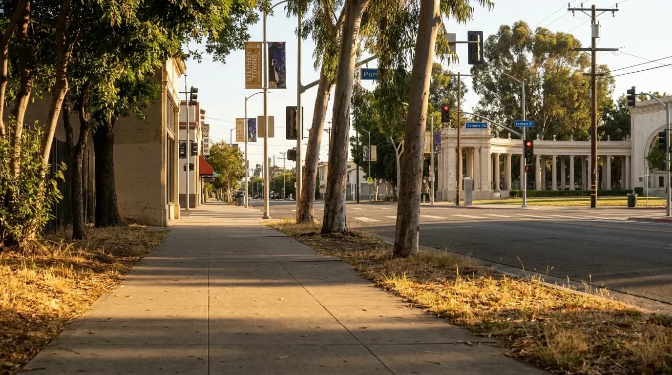 A shaded pathway in Balboa Park near the Spreckels Organ Pavilion, connecting to the San Diego Zoo