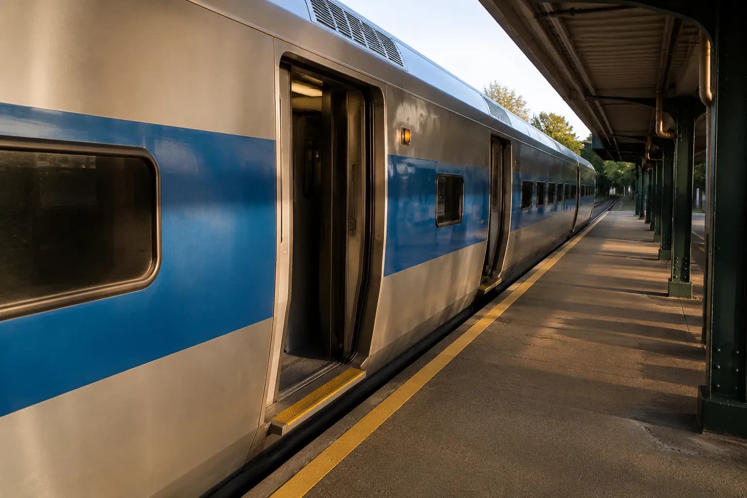 Metro-North train at Croton-Harmon station platform in late afternoon light