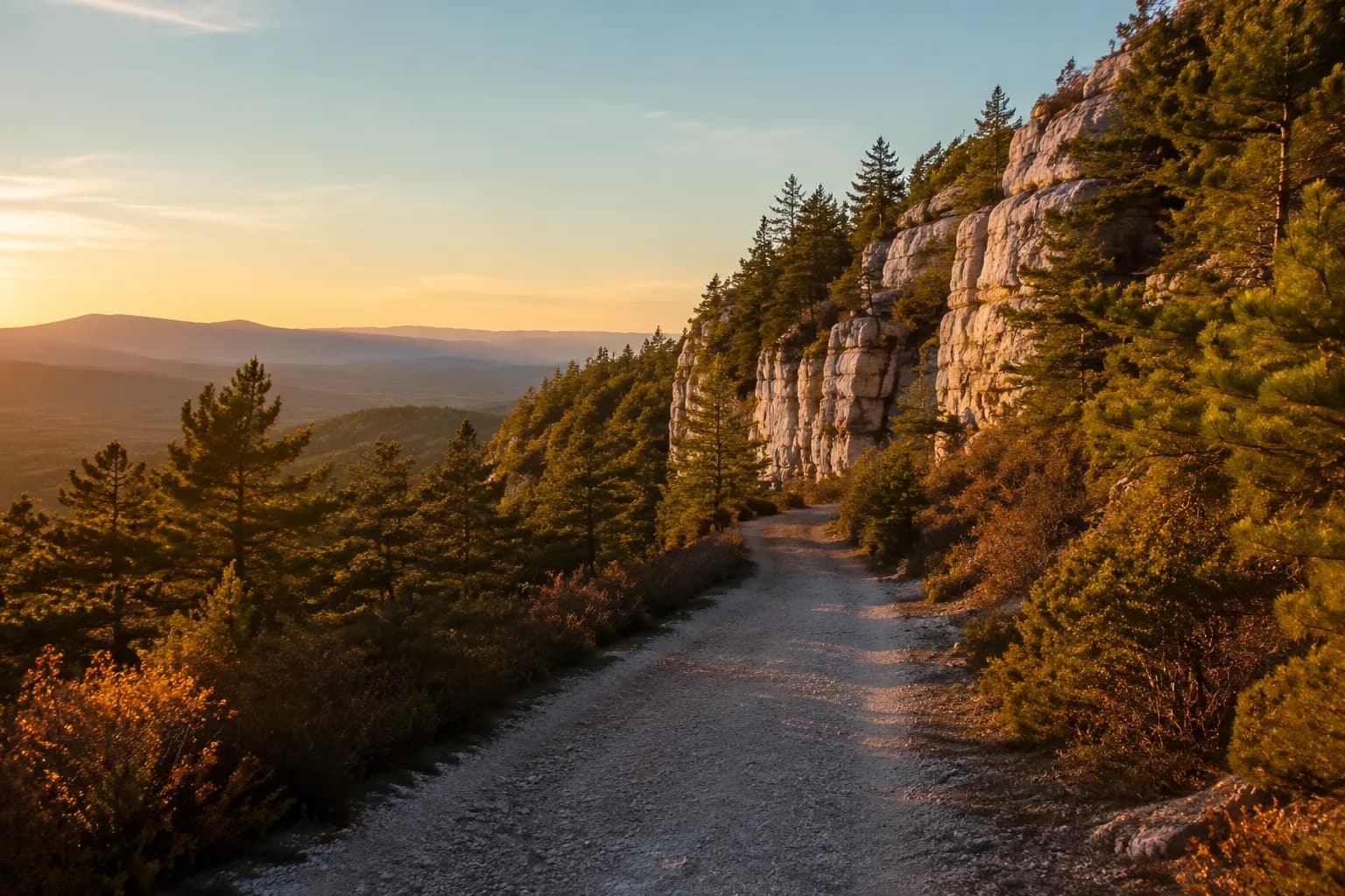 Carriage road winding through Minnewaska State Park with Shawangunk cliffs at sunset