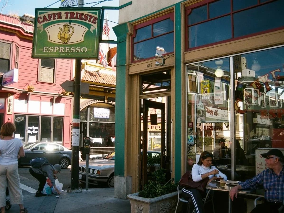 Street view of Caffe Trieste in North Beach with sidewalk seating