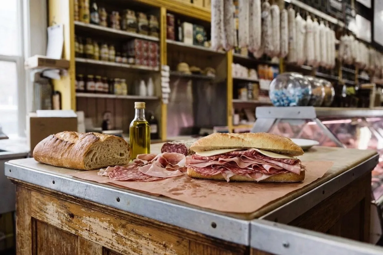 Italian sandwich and coffee counter details at a North Beach deli