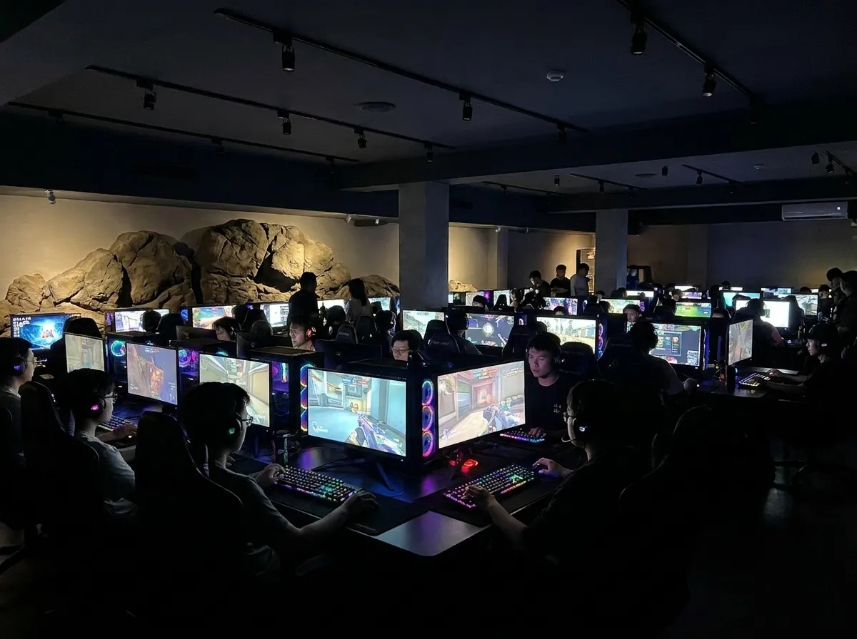 Rows of gaming PCs with glowing monitors inside Euphnet Cyber Cafe in Sunnyvale at night