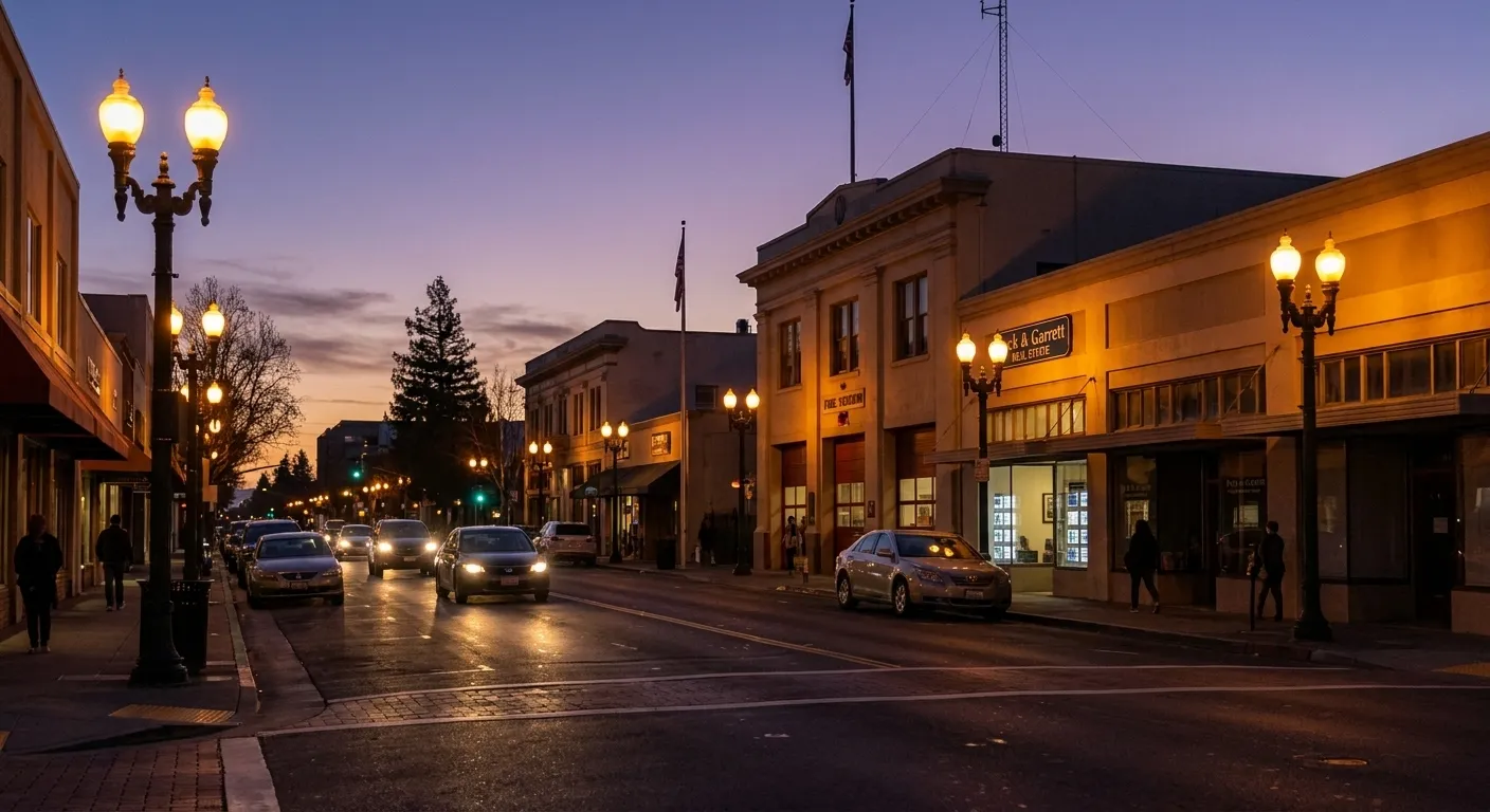 South Mary Avenue in Sunnyvale at dusk with streetlights and commercial buildings