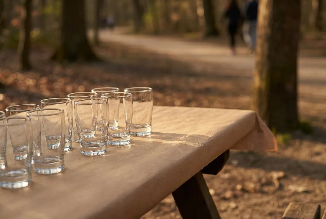 A row of small tasting glasses on a paper-covered table