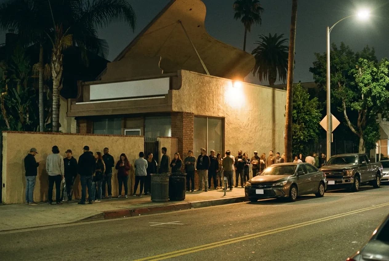 A queue of people along a wall outside a venue under a single exterior light at night