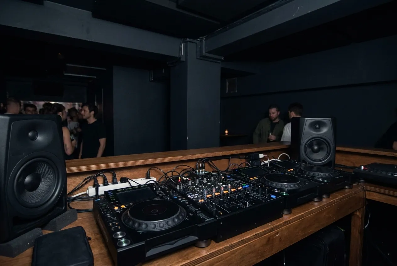 A DJ booth with a mixer and monitors seen from behind in a dark room
