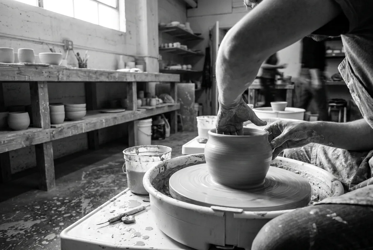 Hands working wet clay on a pottery wheel in a studio