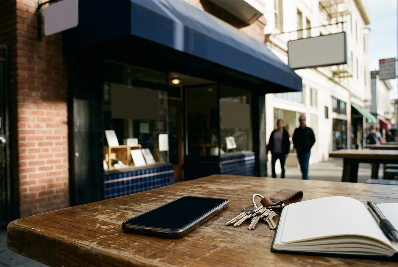 A phone on a table showing a blank screen beside a set of keys and a notebook