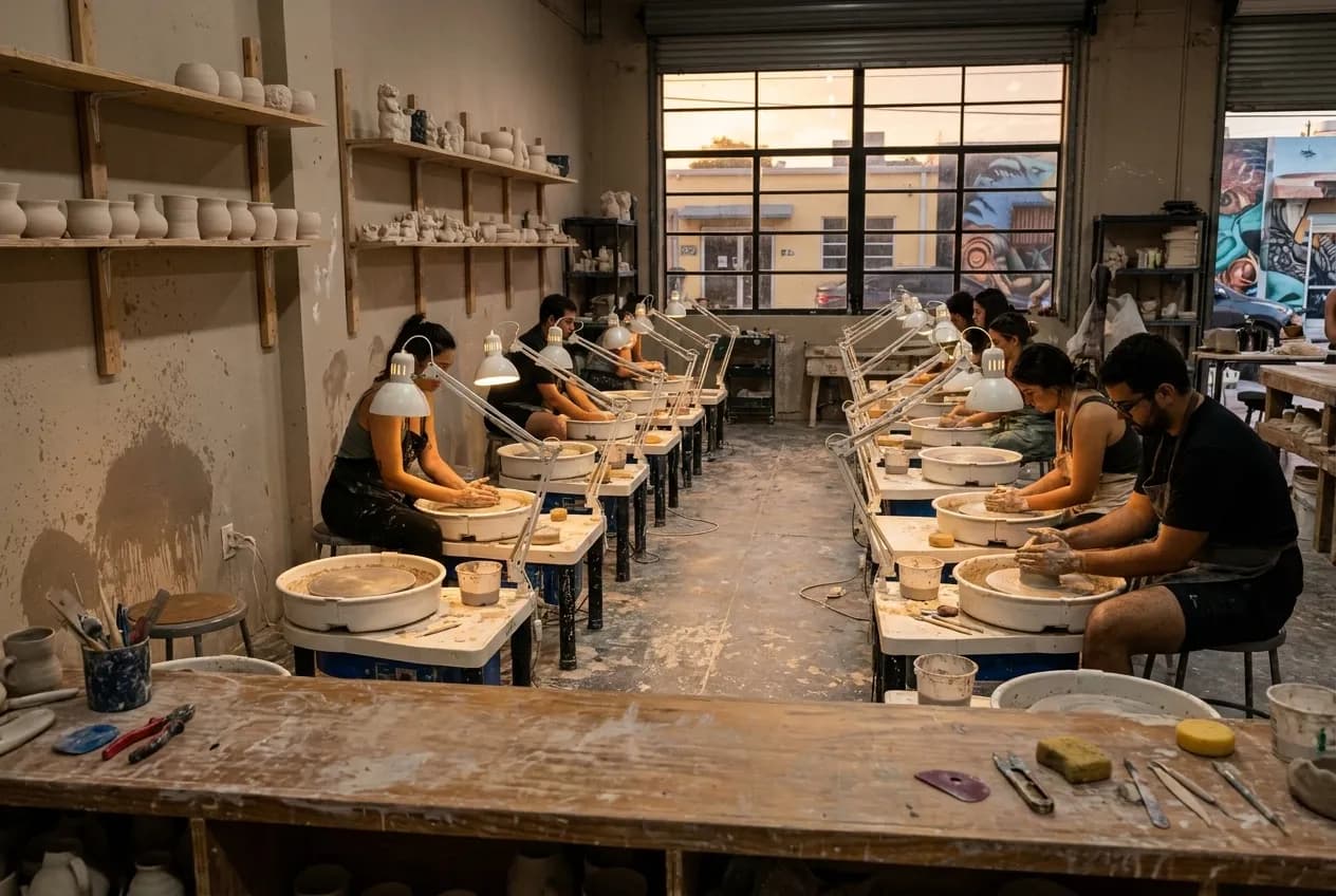 Rows of pottery wheels under warm overhead lighting in a Wynwood ceramics studio, with clay-splattered worktables and shelves of bisque pieces lining neutral walls.