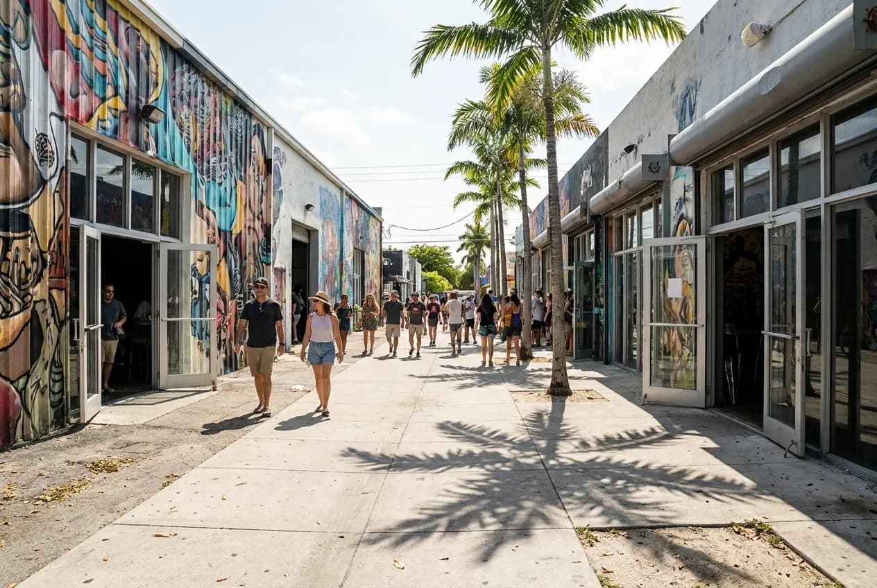 Wide daytime view of a Wynwood street with mural-covered warehouse facades, palm trees, and pedestrians walking under bright sun toward bar entrances.