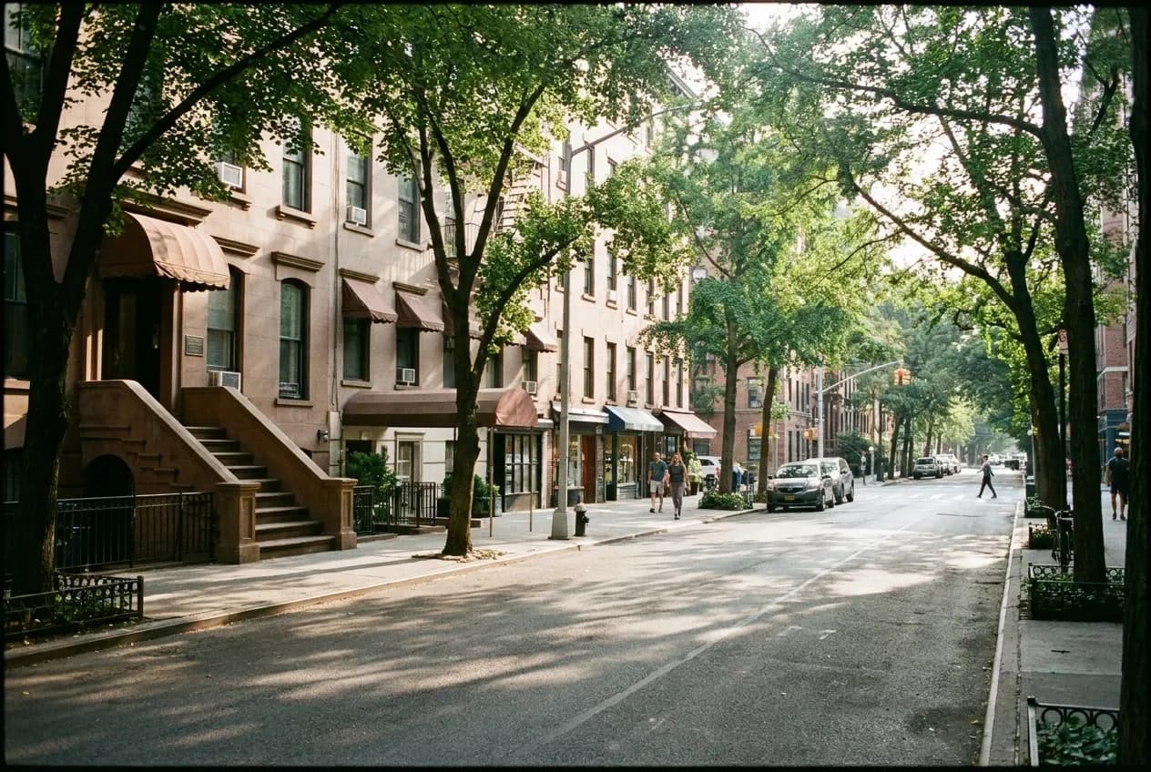 Tree-lined Upper East Side residential street in morning light, with low-rise apartment buildings, narrow storefronts and a quiet sidewalk leading to a boutique studio entrance.