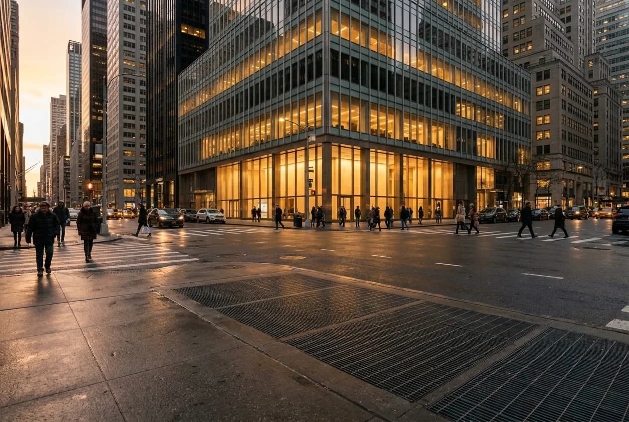 Wide sidewalk along Fifth Avenue in Midtown Manhattan at dusk, with office tower glass reflecting amber light and pedestrians moving past a mid-rise entrance near evening rush hour.