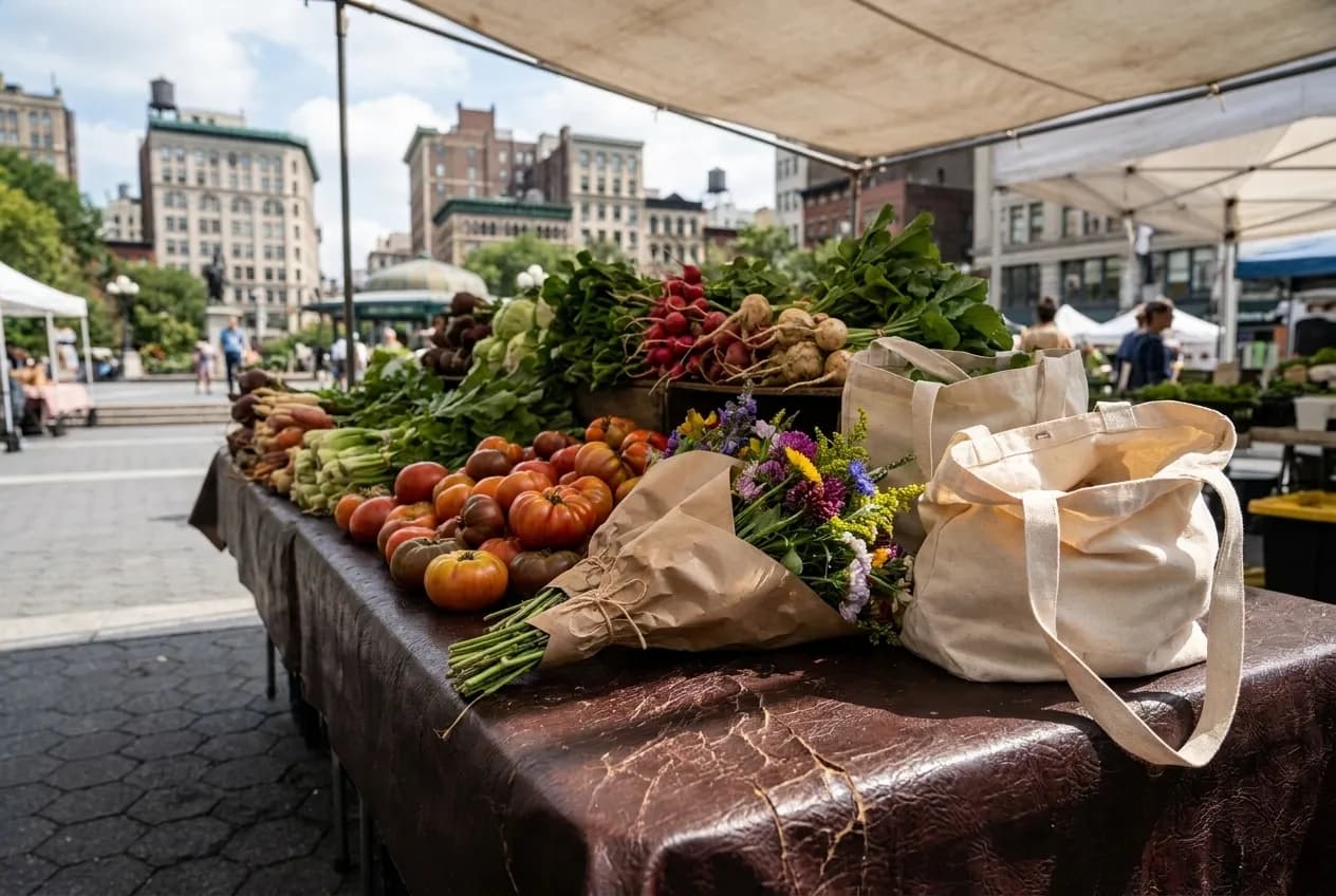 Sunlit produce bins and green market canopies at Union Square Greenmarket with tents extending across the open plaza.
