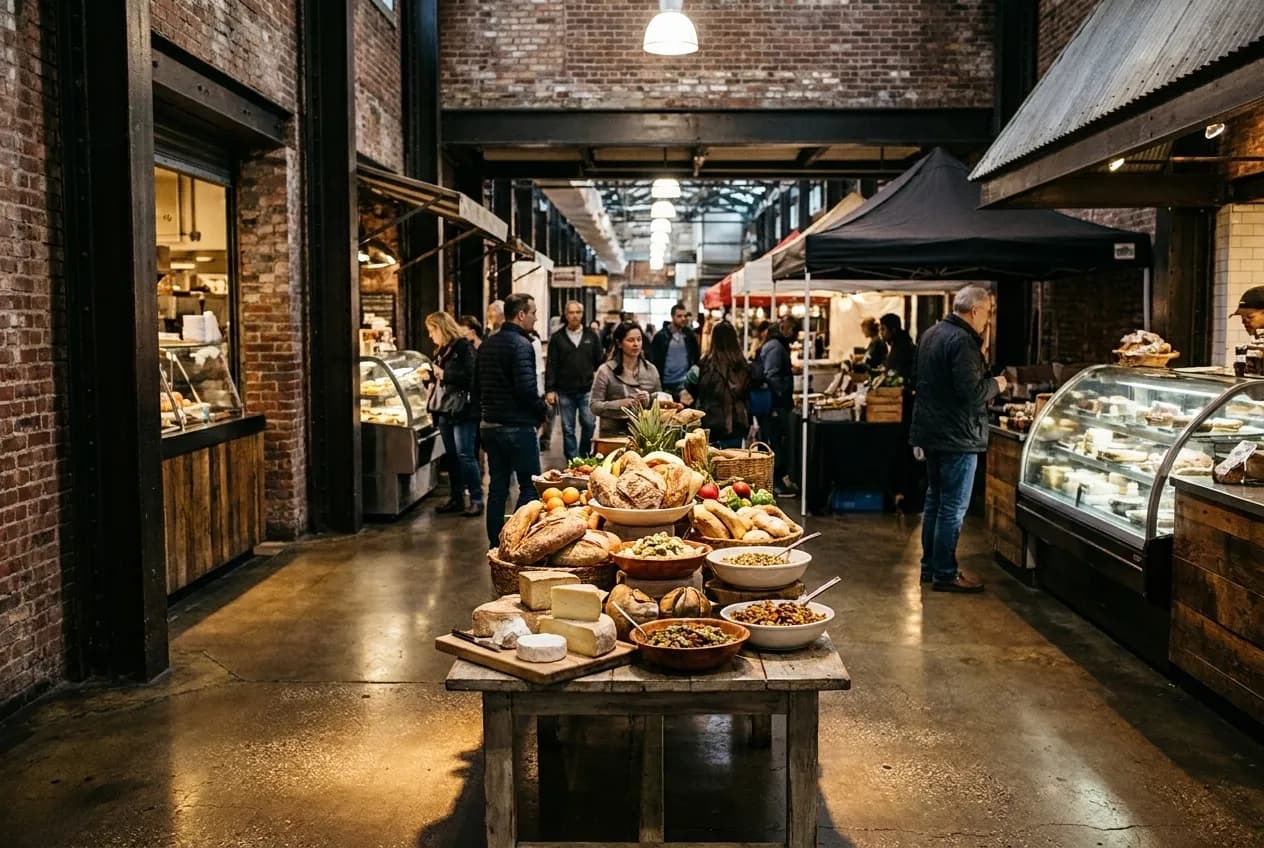 Brick warehouse corridor at Chelsea Market lined with vendor stalls, warm ambient light, and dense foot traffic moving through the industrial interior.
