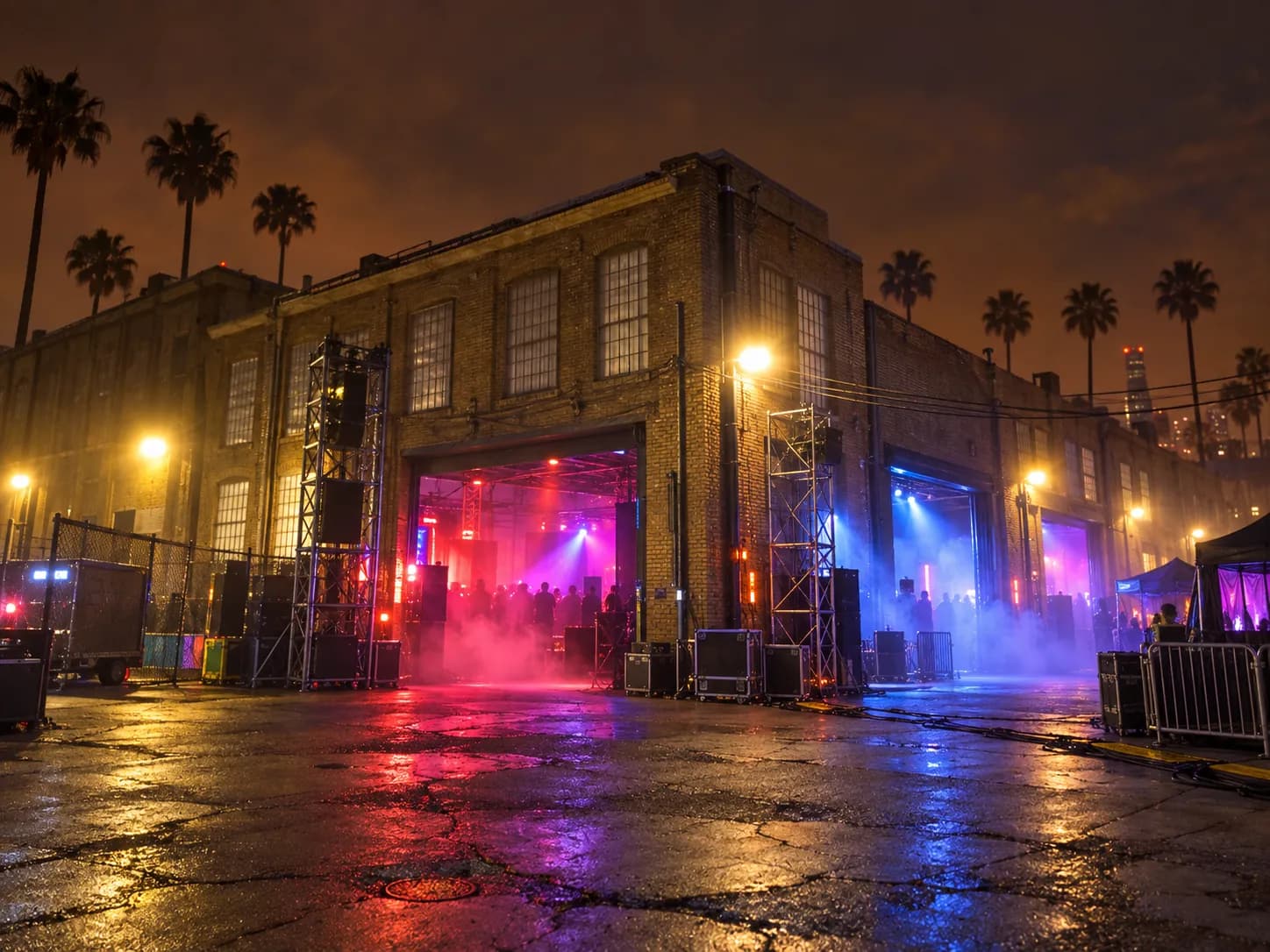 A warehouse complex at night with stage lighting spilling out of open loading doors