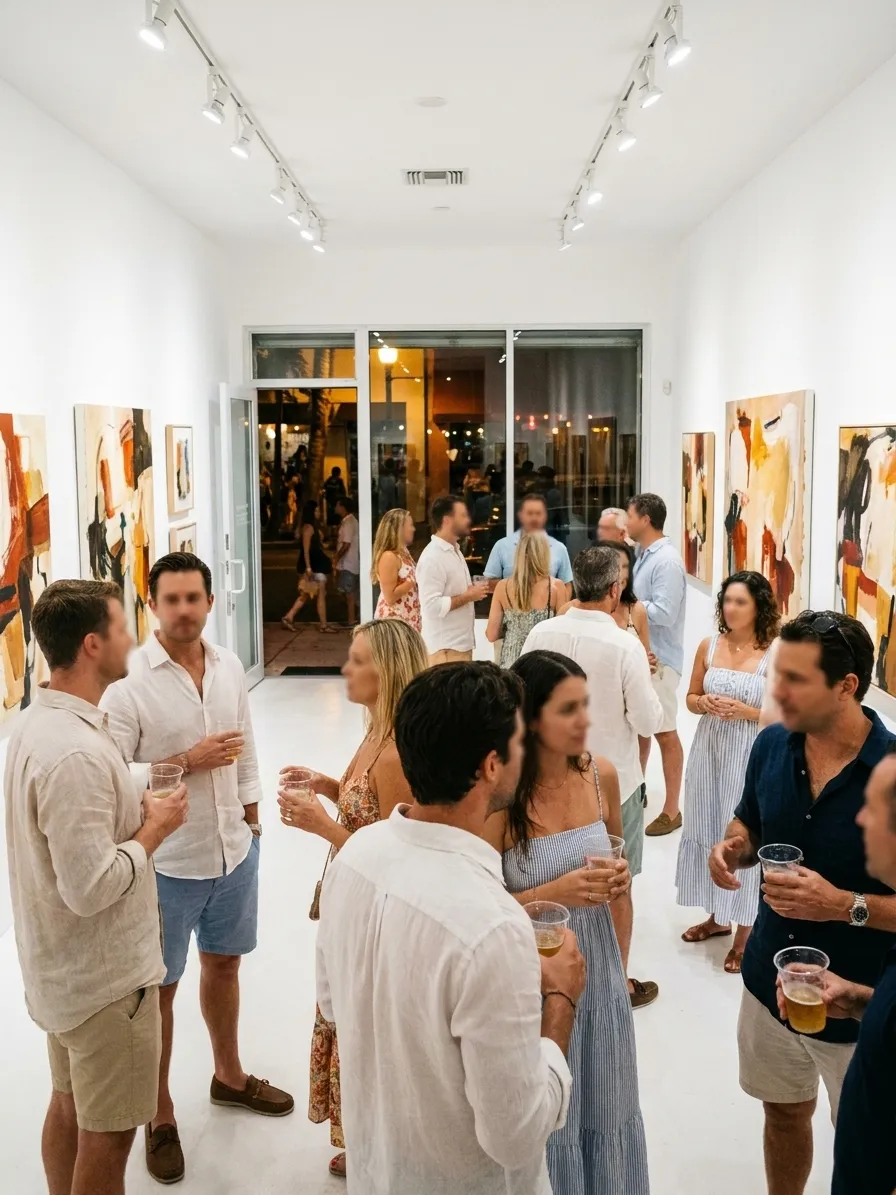 A Miami gallery on an art-walk evening, fifteen people in summer clothes standing in loose groups in front of large abstract canvases under bright ceiling light