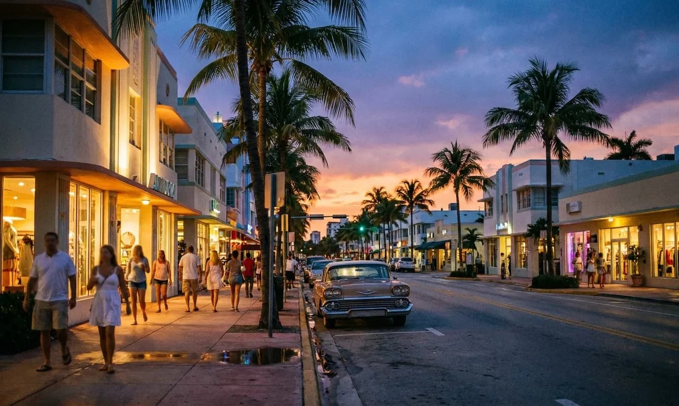 A Miami neighbourhood street at seven in the evening, people walking past lit shopfronts under palms silhouetted against an orange and violet sky