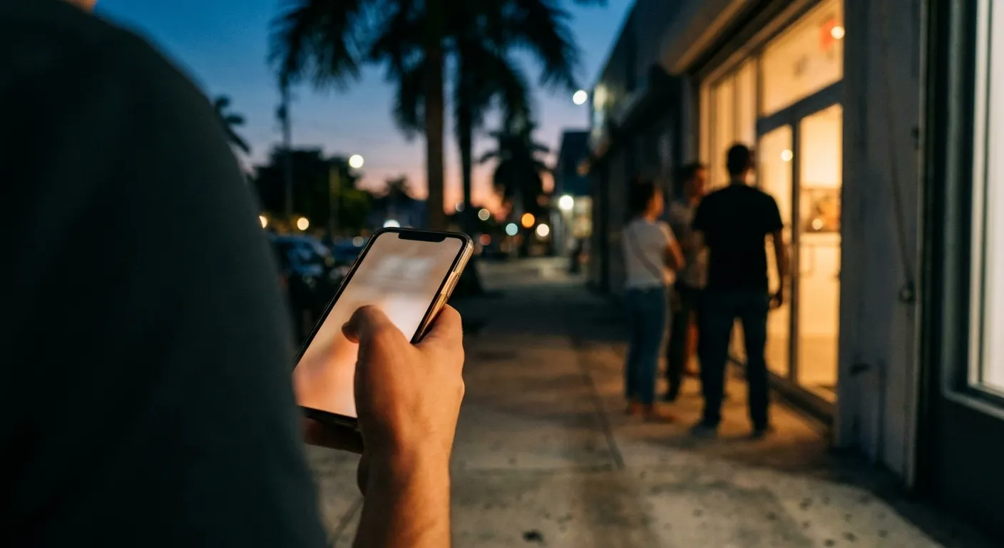 A hand holding a phone on a Miami pavement at dusk, screen glow on the fingers with a blurred gallery doorway and three people waiting beyond