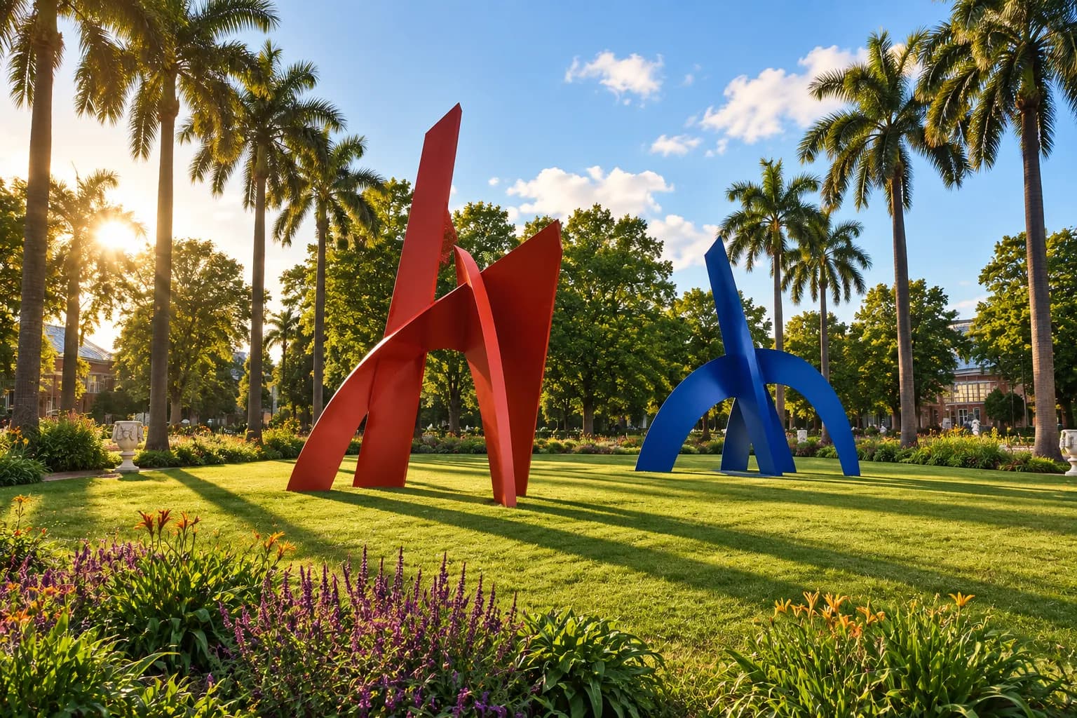 Large outdoor sculptures on a grass park square between palm trees