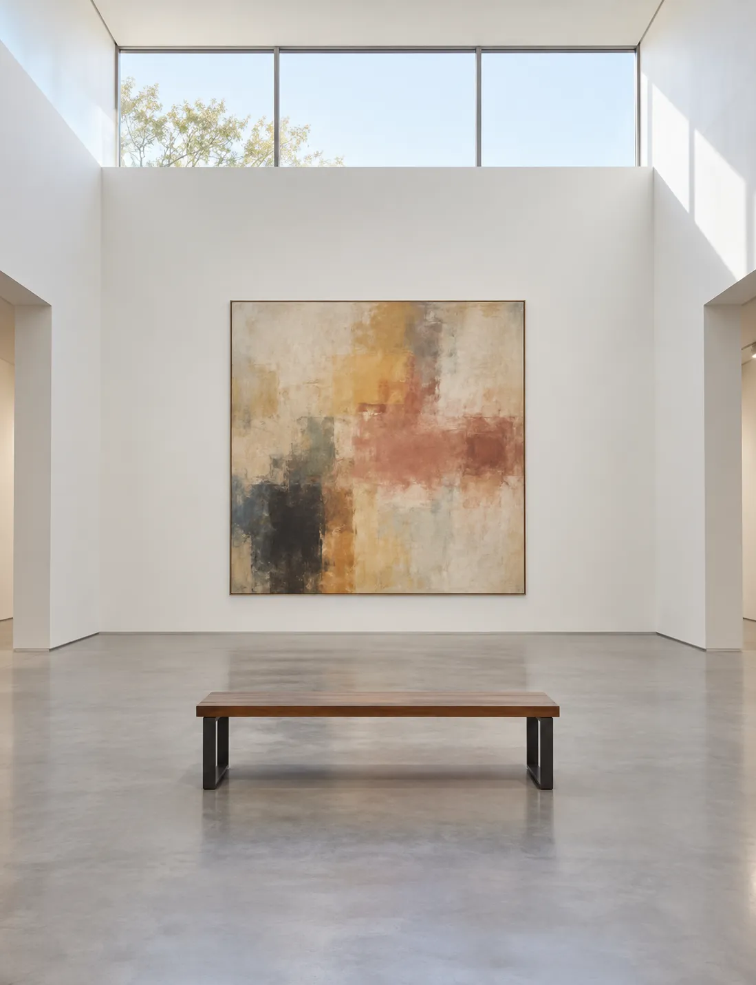 A white gallery room with high ceilings and a single large hanging work