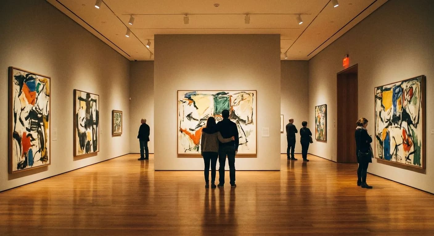 A New York museum gallery at seven in the evening, two people standing close together before a large canvas with a few other visitors spread across the polished floor