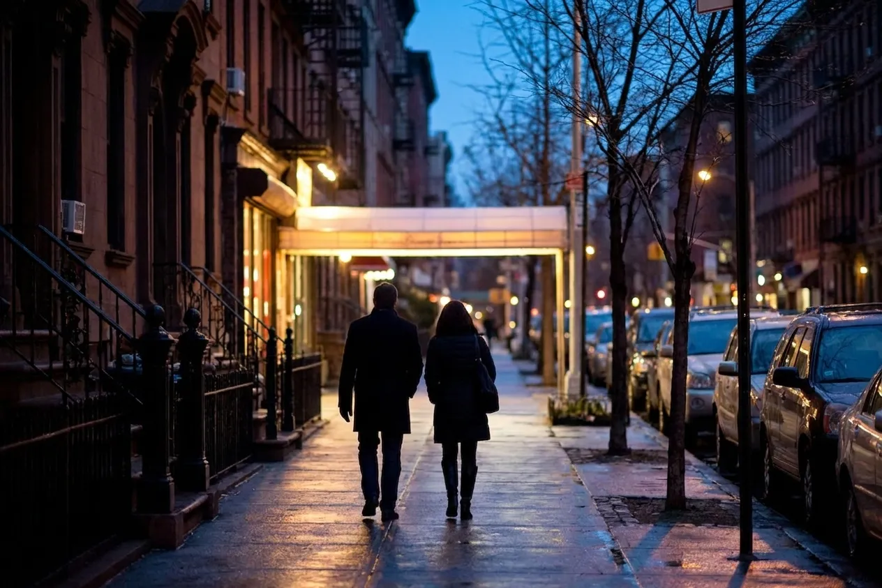 Two people walking away down a lit Manhattan side street after an event, warm shopfront light on wet pavement between dark brownstone facades