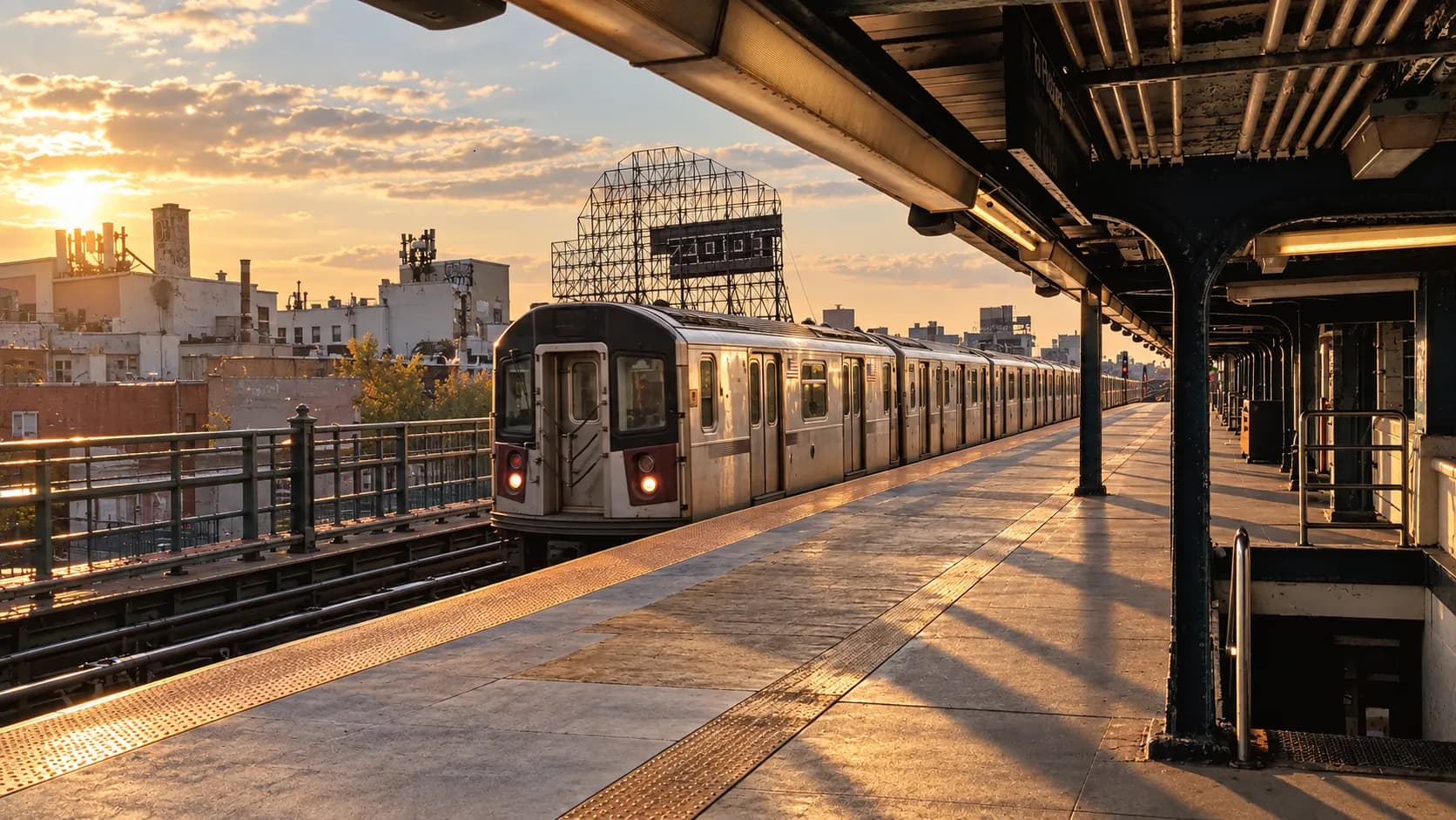 An elevated subway platform with a train arriving, seen from the end of the platform