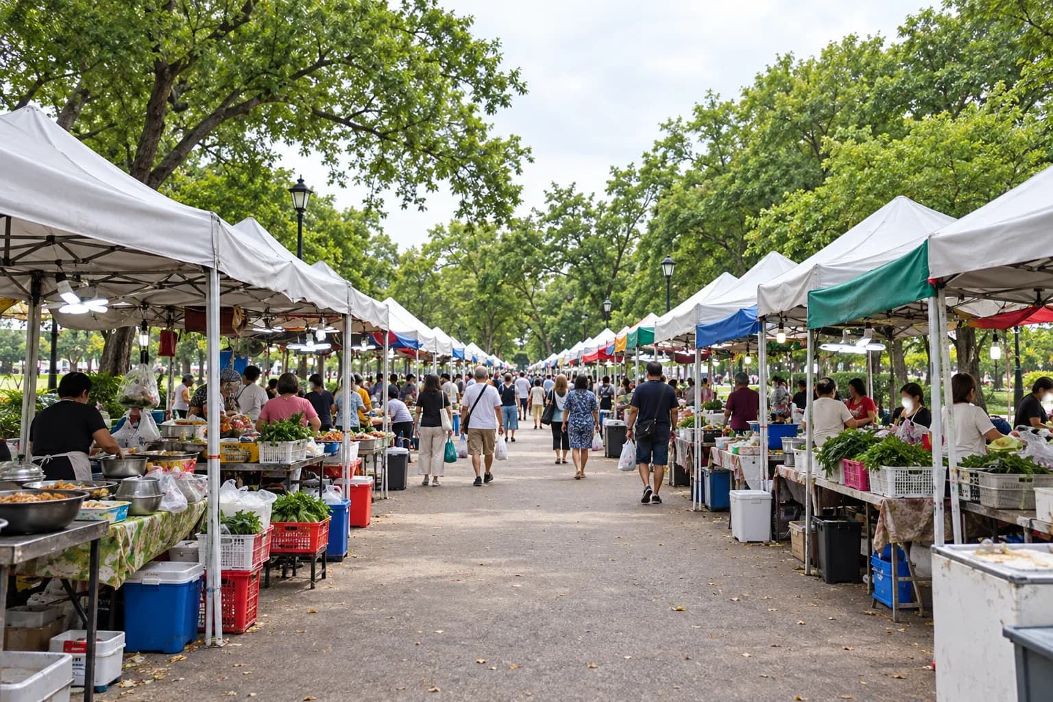 Rows of open-air food stalls under white canopies in a park with people walking between them