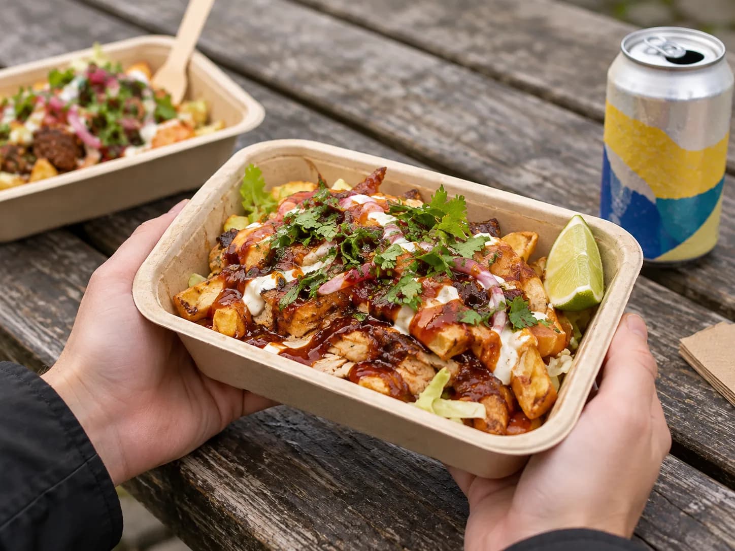 A takeaway tray of food held in two hands over a picnic table