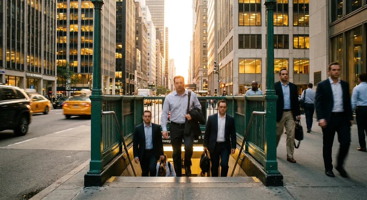 People coming up the steps from a Manhattan subway entrance at quarter past six in work clothes, tall lit buildings above and low sun down the avenue