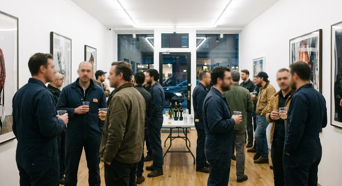 An early-evening gallery reception in New York, twenty people in work clothes standing in loose groups with cups under bright ceiling light