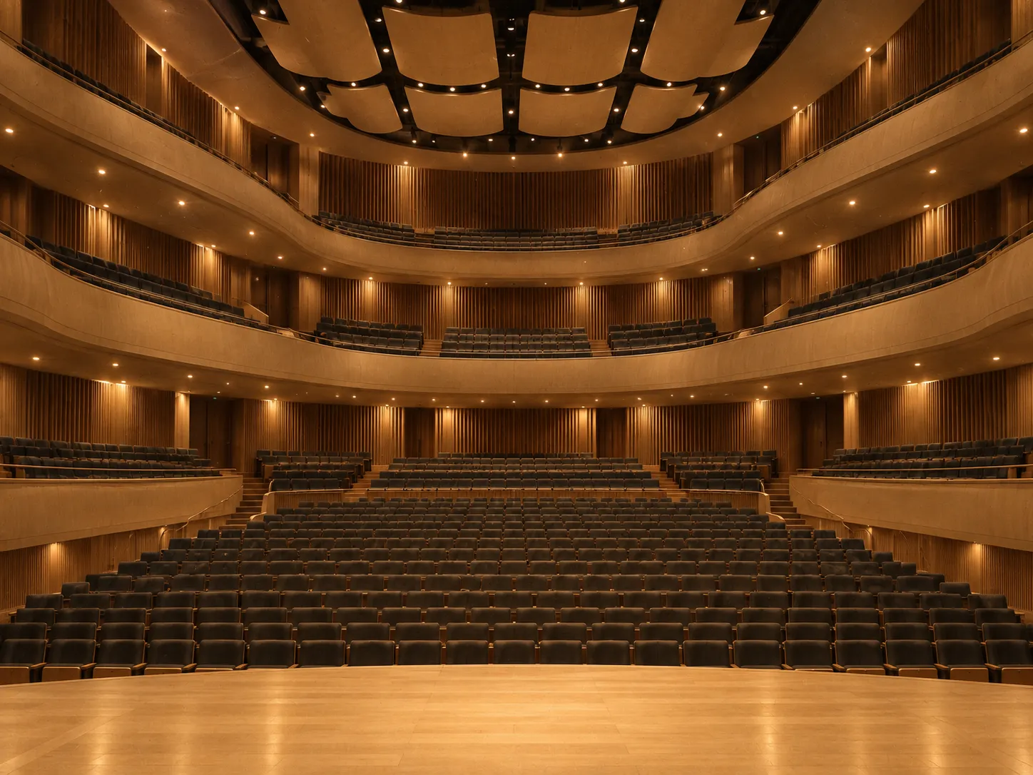 A large modern concert hall interior with tiered balconies and pale timber