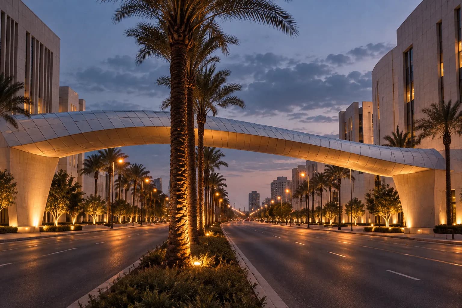 A curved pedestrian bridge crossing a wide boulevard between two buildings