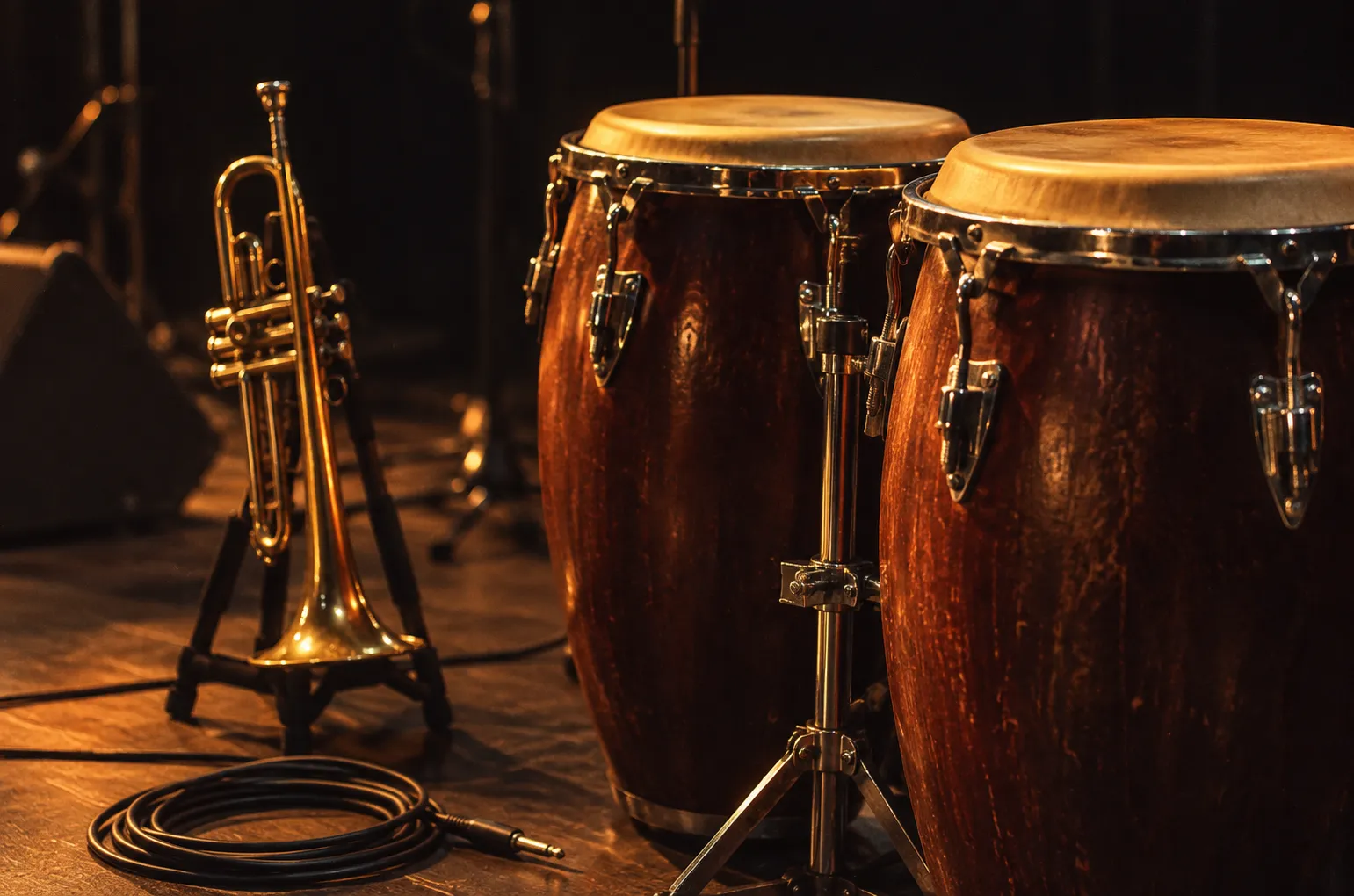 A pair of congas and a trumpet resting on a stand beside a low stage