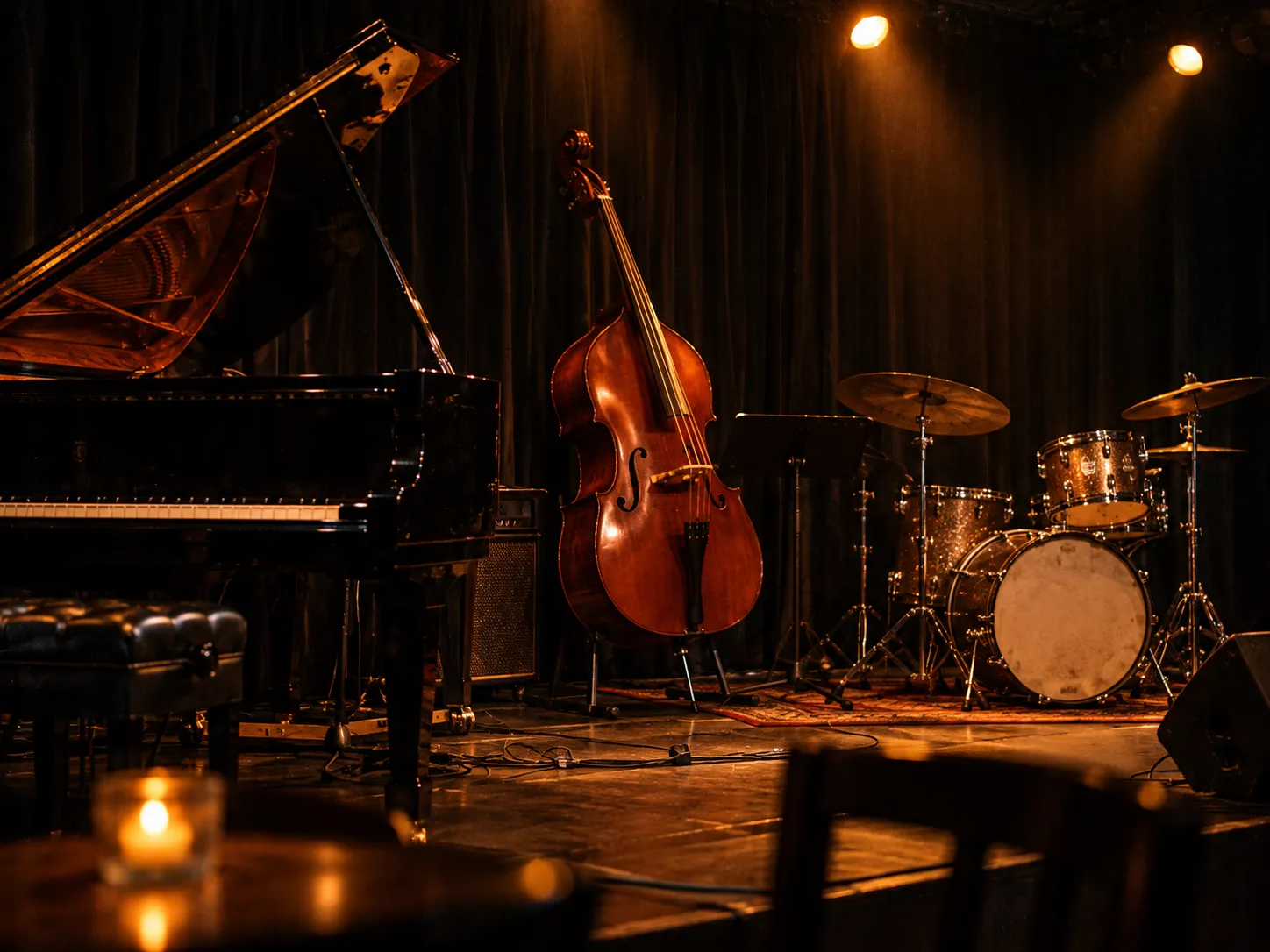 A small club stage with a grand piano and a double bass under warm spotlights