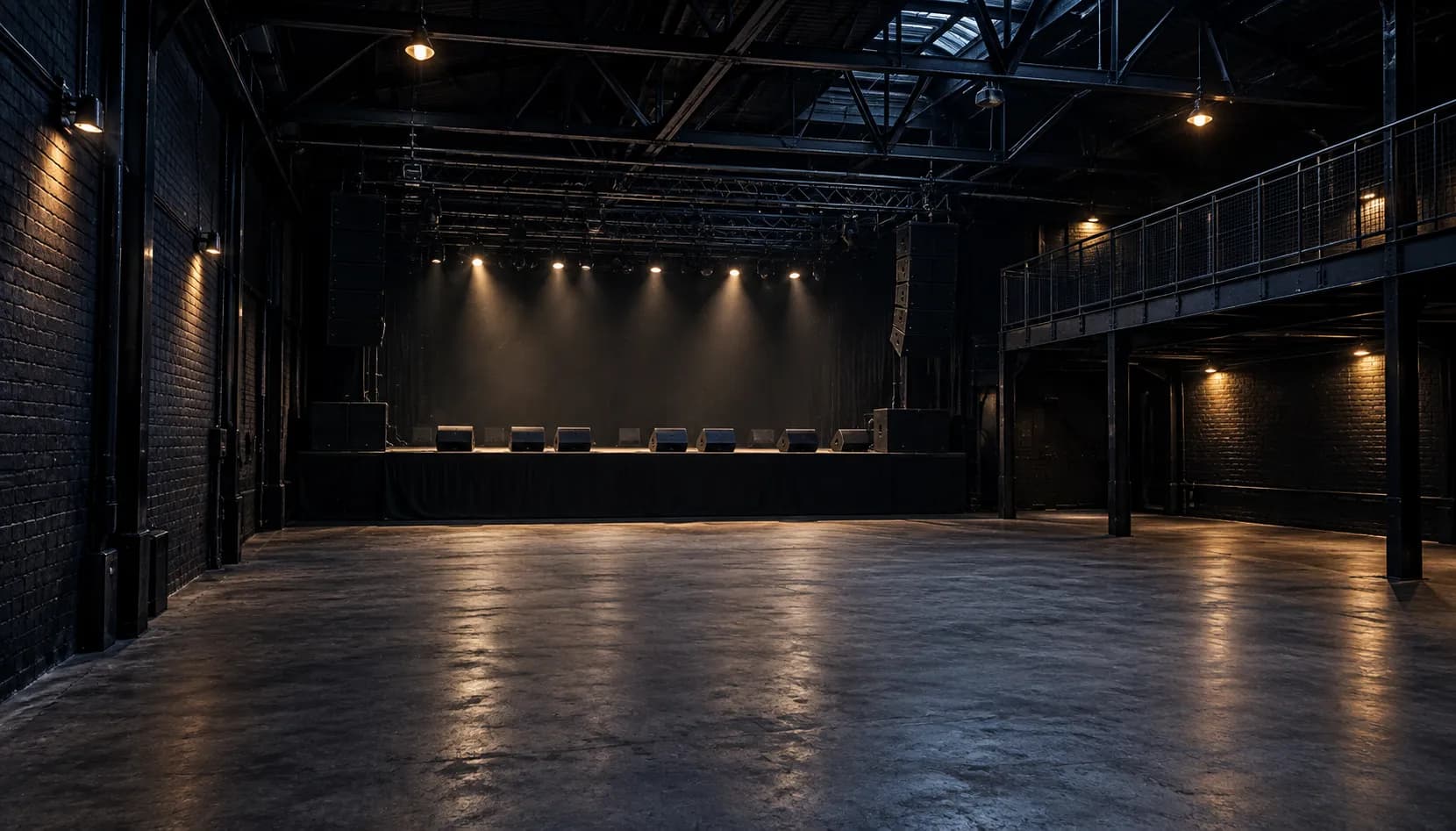 An empty industrial concert hall with steel roof trusses and a bare stage